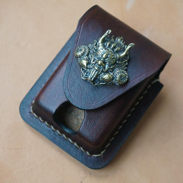 Coffee Handmade Leather Mens Classic Zippo Lighter - Back View
