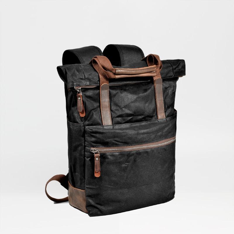 Cool Canvas Leather Mens Black College Backpack 15'' Computer Backpack Travel Backpack Hiking Bag for Men