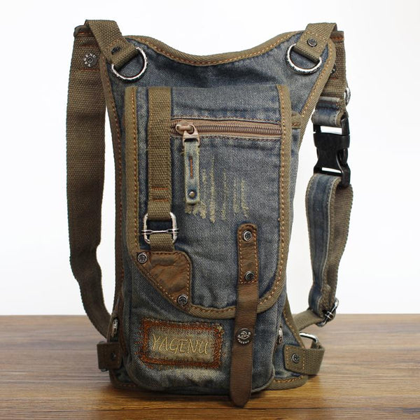 Blue Denim Canvas Mens Biker Waist Bag - Back View