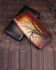 Womens Black Leather Zip Around Wallet Wash Painting Flowers Wristlet Wallet Ladies Zipper Clutch Wallet for Women