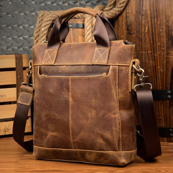 Brown Leather Mens 13 inches Briefcase Vertical - Back View