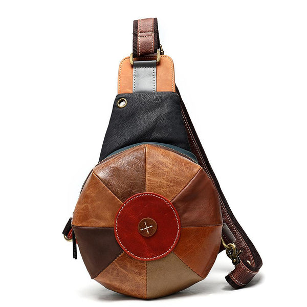 Stitched Brown Leather Men's Sling Bag Circle - Back View