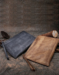 Handmade Womens Gray Leather Large Wristlet Wallet Slim Zip Clutch Purse Ladies Zipper Clutch Wallets for Women
