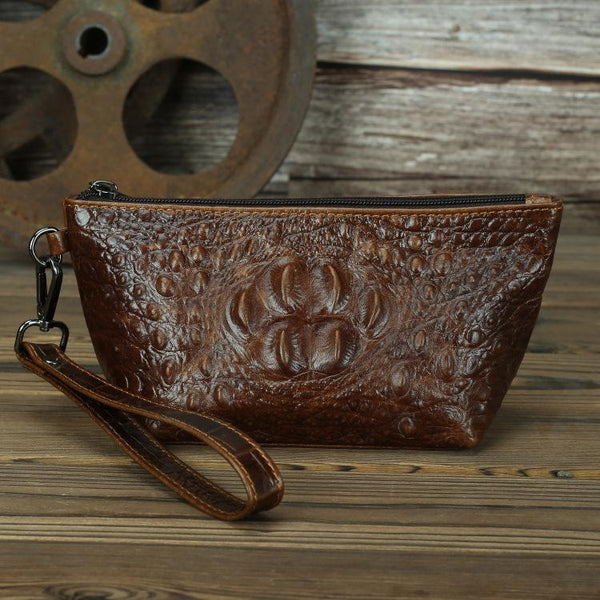 Brown Crocodile Pattern Mens Leather Zipper Clutch - Back View