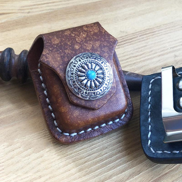 Handmade Mens Blue Leather Classic Zippo Lighter - Back View