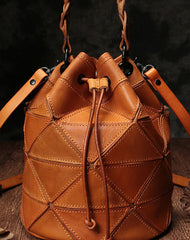 Stylish Leather Brown Bucket Handbag Shoulder Bag Green Barrel Purse For Women