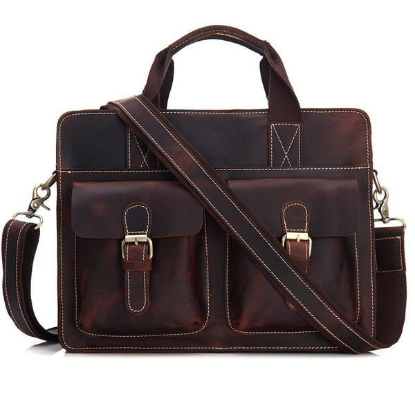 Red Brown Leather 14 inches Briefcase Messenger - Back View