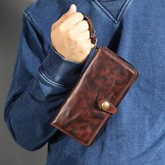 Leather Mens Cool Vintage Wallet Bifold Long Leather Biker Wallet Black Clutch Wristlet Wallet for Men
