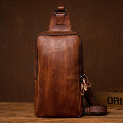 Brown Leather Mens 10 inches Sling Bag Sling Pack Casual Chest Bags One Shoulder Backpack for Men