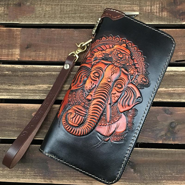 Black Handmade Tooled Ganasha Leather Long Biker - Back View