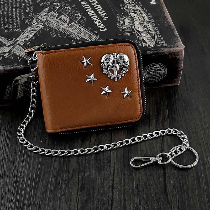 Badass Brown Leather Men's Bifold Small Biker Wallet Chain Wallet Wallet with chain For Men