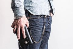 Cool Handmade leather biker chain wallets leather chain men Black long wallet - EverHandmade