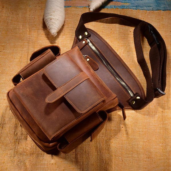 Cool Brown Leather Men's Drop Leg Bag Small Side Bag Belt Pouch Waist Bag For Me FY01781038