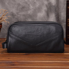 Casual Black Leather Men's Wristlet Bag Double Zipper Clutch Bag For Men