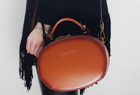 Genuine Leather oval round handbag shoulder bag for women leather crossbody bag - EverHandmade