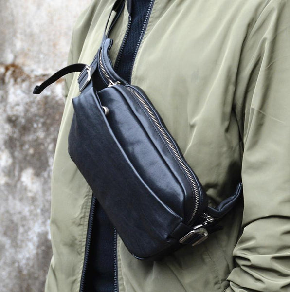 Cool Leather Black Fanny Pack Men's Black - Back View