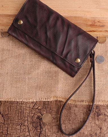 Cool Leather Long Wallet for Men Vintage Trifold Long Wallet Wristlet Wallet