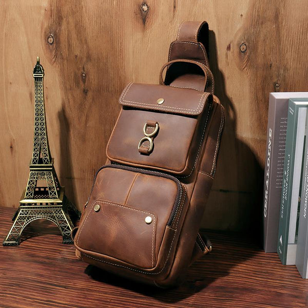 Brown Leather Men's Sling Bag Brown Sling - Back View