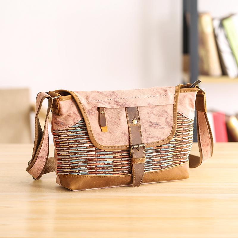 Country Style Canvas Leather 14'' Womens Small Side Bag Shoulder Bag Messenger Bag for Men