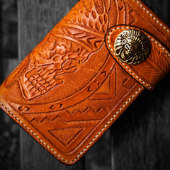 Handmade Leather Skull Indian Chief Tooled Mens billfold Wallet Cool Chain Wallet Biker Wallet for Men