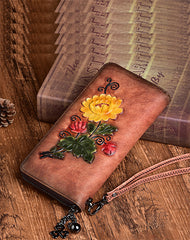 Womens Brown Leather Zip Around Wallet Chrysanthemum Flower Wristlet Wallet Floral Ladies Zipper Clutch Wallet for Women