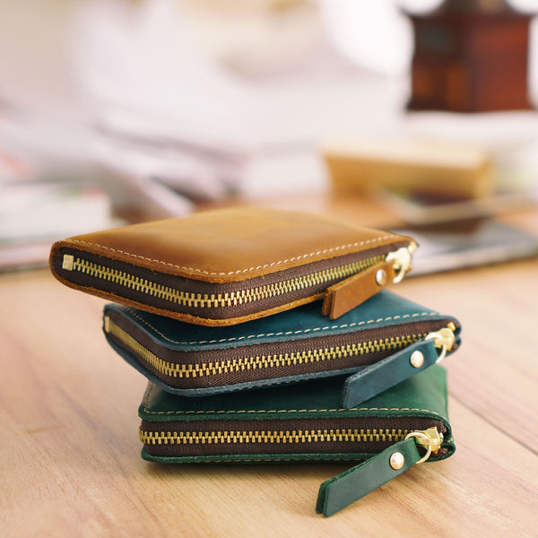 Leather Small Mens Wallet Zipper billfold Front - Back View