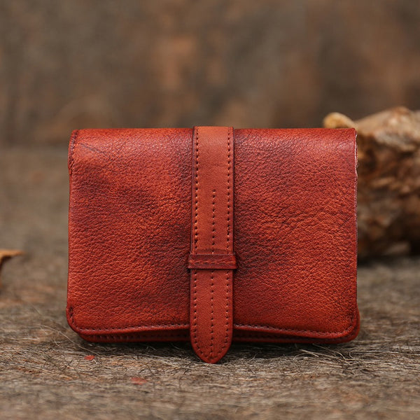 Red Womens Leather Bifold Small Wallet Vintage - Card Slots Detail