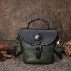 Vintage Leather Womens Bucket Green Shoulder Bag Handmade Barrel Crossbody Purse for Ladies