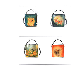 Handmade Womens Tooled Leather Square Handbag Purse Cat Crossbody Bag for Women