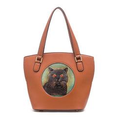 Handmade Womens Brown Leather Tote Handbag Purse Black Cat Tote Bag for Women