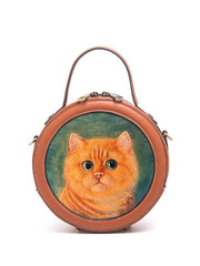 Handmade Womens Brown Leather Round Handbag Purse Cat Round Crossbody Bag for Women