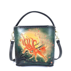 Handmade Womens Tooled Leather Square Handbag Purse Deer Crossbody Bag for Women