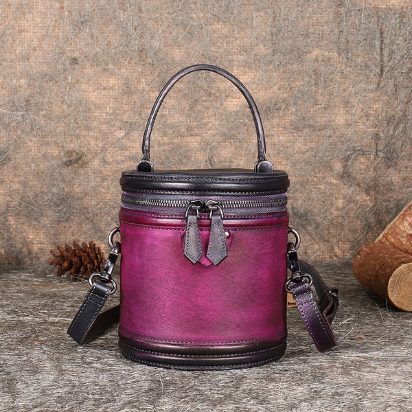 Brown Leather Womens Bucket Handbag Barrel Shoulder - Chain Detail