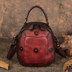 Small Brown Leather Womens Rivets Shoulder Bag Barrel Small Handmade Handbag Purse for Ladies