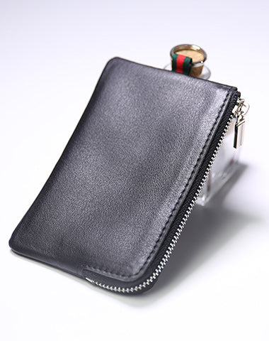 Slim Women Black Leather Zip Wallet with Keychains Billfold Minimalist Coin Wallet Small Zip Change Wallet For Women