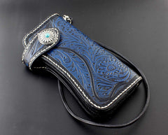 Tooled Handmade Blue Leather Men's Chain Wallet Motorcycle Wallet Long Wallet with Chain For Men