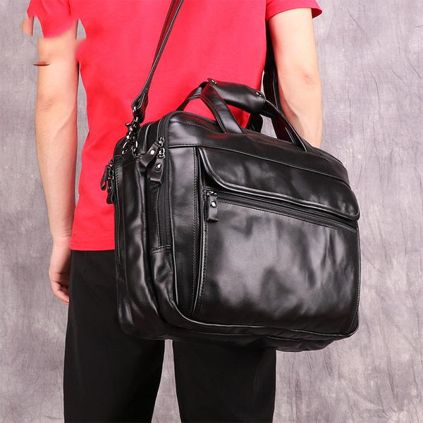 Black Leather Mens 15 inches Large Laptop - Back View