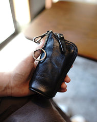 Vintage Women Black Leather Zip Key Wallet Car Key Holder Coin Wallet Coin Pouch Change Wallet For Women