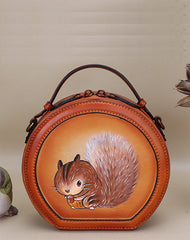 Cutest Women Coffee Leather Round Handbag sSquirrel Crossbody Purse Vintage Round Shoulder Bags for Women