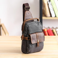 Canvas Leather Mens Khaki Chest Bag One Shoulder Backpack Green Sling Bag for Men