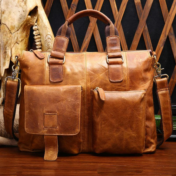 Vintage Brown Leather Men 15.6 inches Briefcase - Back View