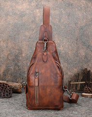 Brown Mens Sling Bag Vintage Leather Chest - Front View