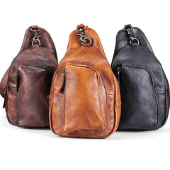 Cool Brown MENS LEATHER Sling Bag Chest Bag Coffee One Shoulder Backpack For Men