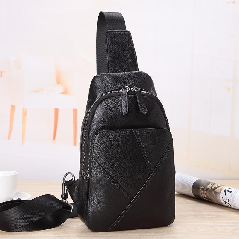 Black Leather Men's 8-inch One shoulder Backpack Sling Bag Black Chest Bag Sports Bag For Men