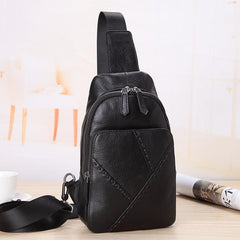 Black Leather Men's 8-inch One shoulder Backpack Sling Bag Black Chest Bag Sports Bag For Men