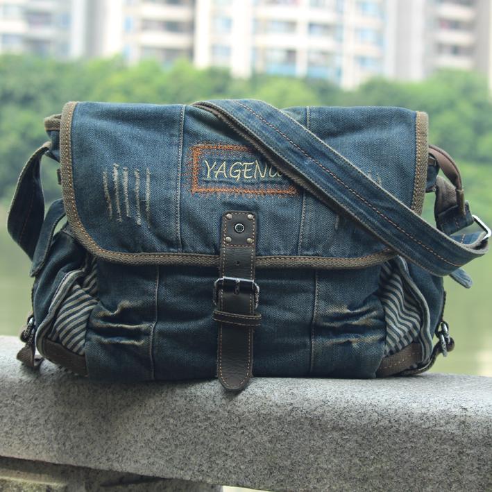 Blue Denim Mens Fashion Messenger Bags Large Jean Blue Shoulder Bag Postman Bags Courier Bag For Men