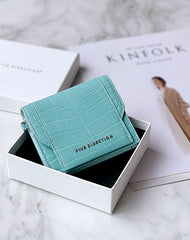 Cute Women Mint Green Vegan Leather Small Card Holder Crocodile Pattern Card Wallets Slim Change Wallet For Women