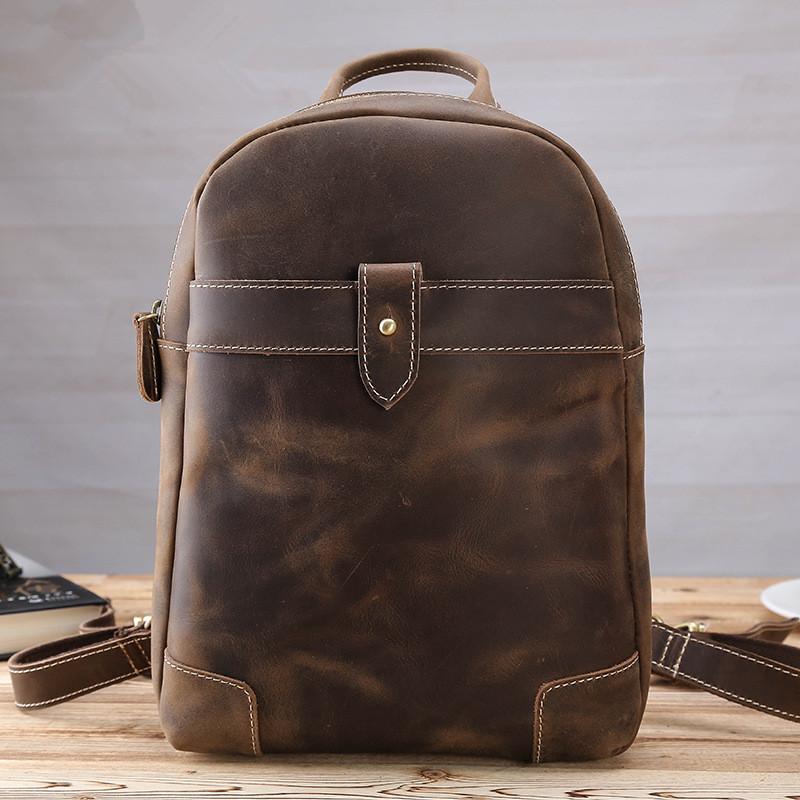 Vintage Brown Leather Men's Sling Bag Backpack Brown One Shoulder Backpack For Men