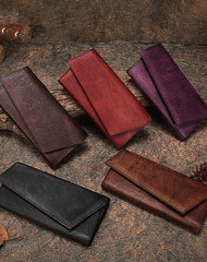 Purple Womens Vintage Leather Trifold Long Wallet - Open View