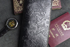 Handmade long leather wallet floral passport leather clutch wallet for women men zip - EverHandmade